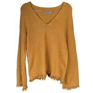 ANTHROPOLOGIE Joy Fringe Hem V-Neck Mustard Maize Soft Jumper Sweater Sz Medium